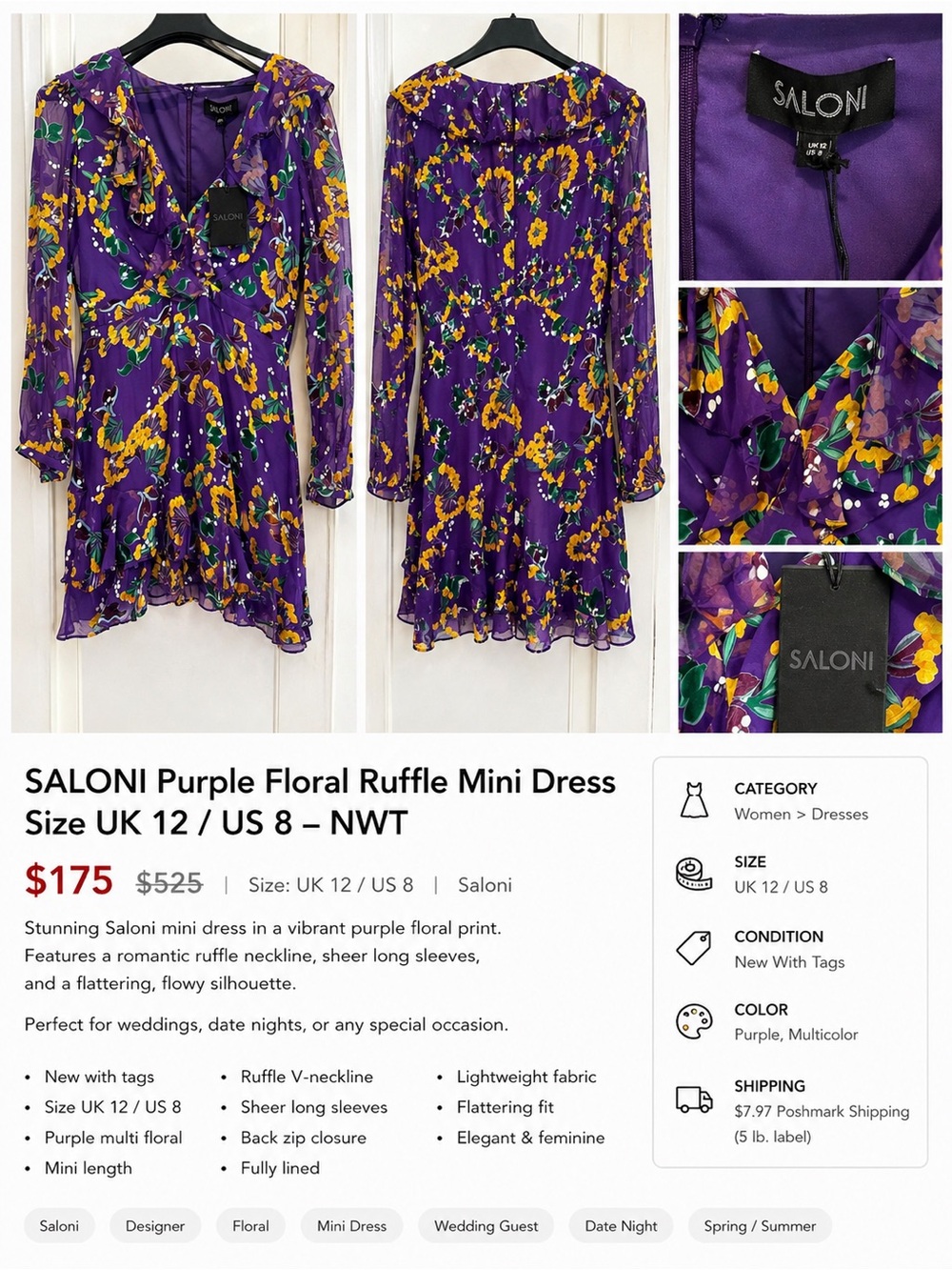 SALONI Purple Floral Ruffle Mini Dress with Yellow and Green Blossoms